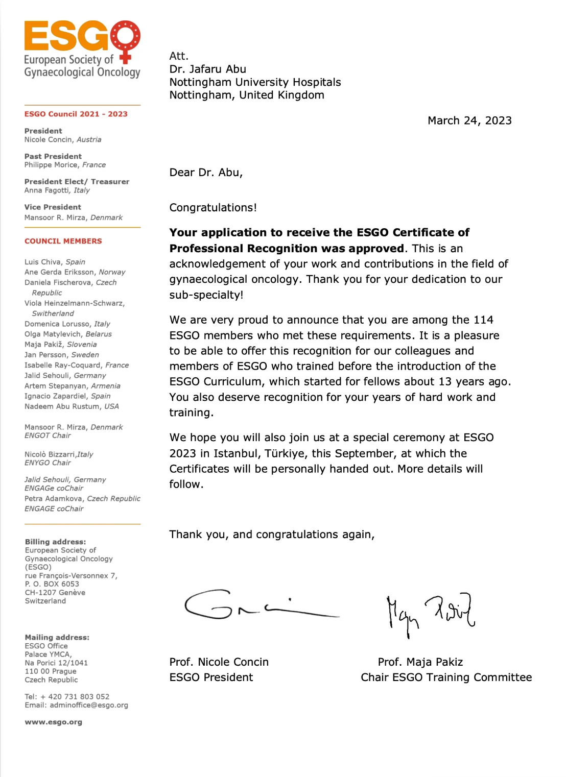 Letter from ESGO confirming Mr Abu's Certificate of Professional Recognition, dated 24 March 2023